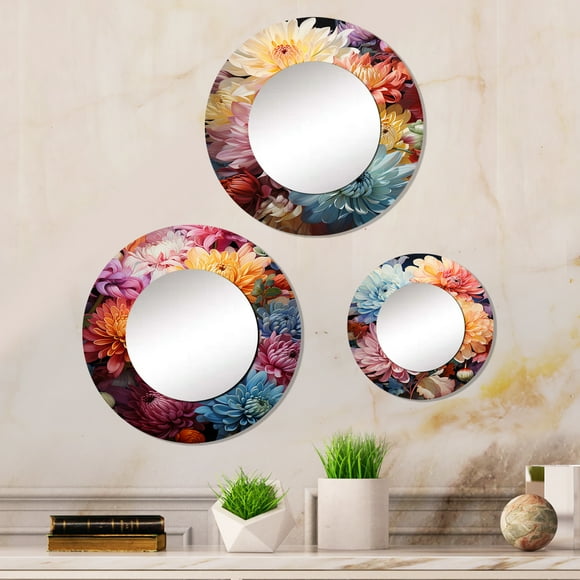 Designart "Curved Stems Of Graceful Mums" Mums Round Mirror Set Of 3 - Traditional Pink Hallway Round Mirror Wall Decor Set