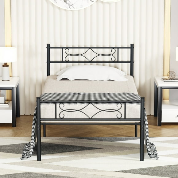 VECELO Twin Size Metal Platform Bed Frame with Headboard and Footboard, Strong Steel Slat Support/No Box Spring Needed, Black