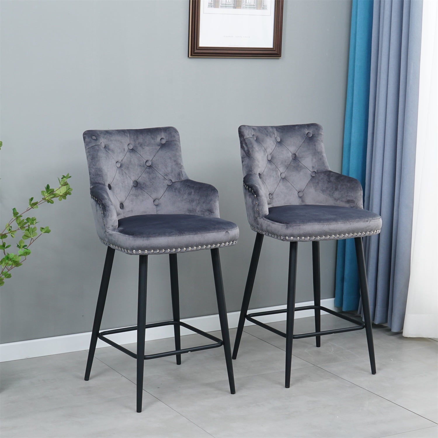 Kadyn Modern Style Bar Chair Set of 2, Foam Bar Stools with Armrests and Footrests, Upholstered High Bar Stool Chair for Dining Room, Dark Blue