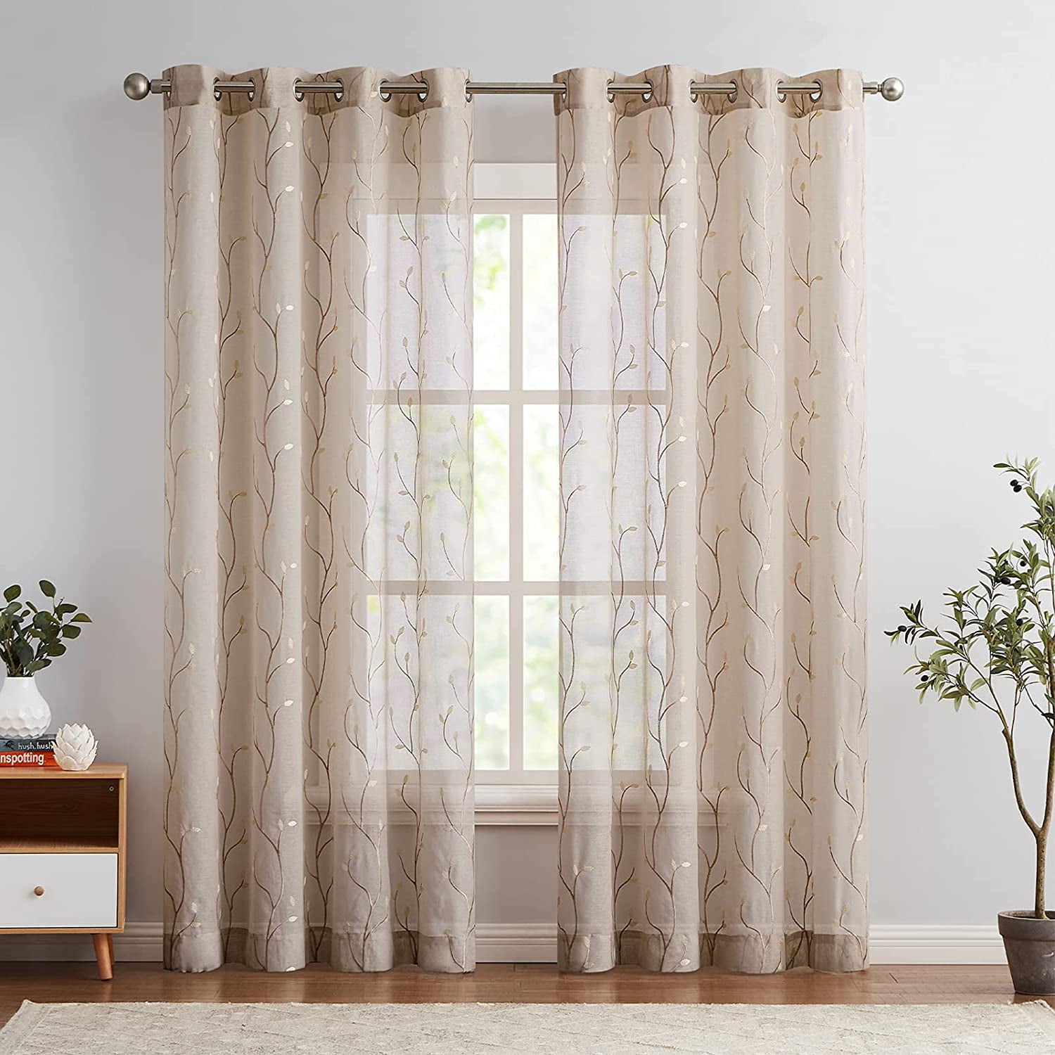 Curtainking Sheer Curtains Floral Embroidery Drapes 95 inch Voile