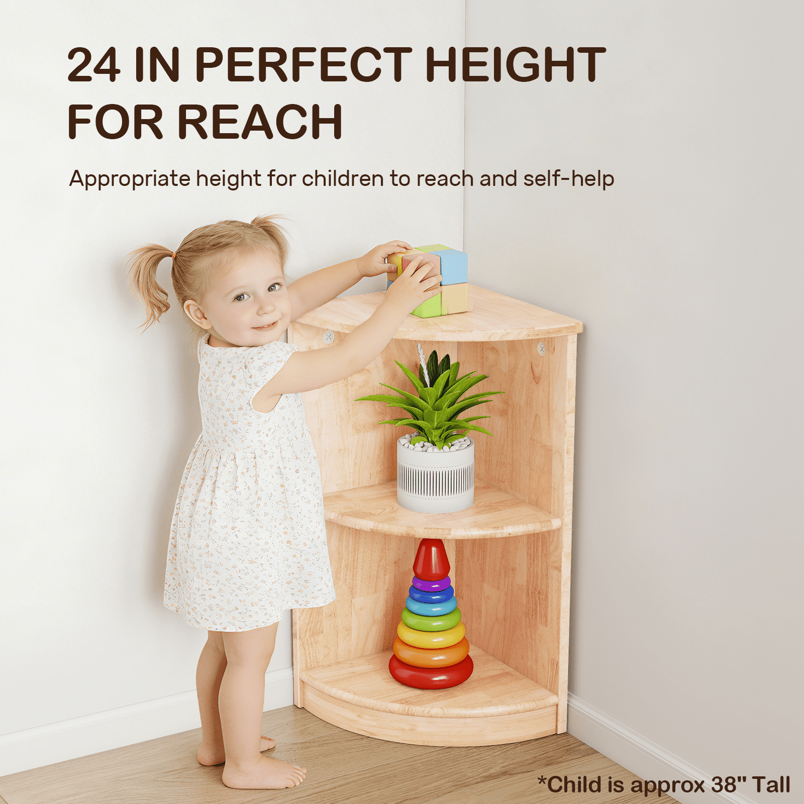 Sweet Time Corner Cabinet 2-Tier Toy Organizers and Storage, Rubber Wood Triangular Montessori Shelf for Kids Room, Playroom, Nursery, Classroom, Kindergarten