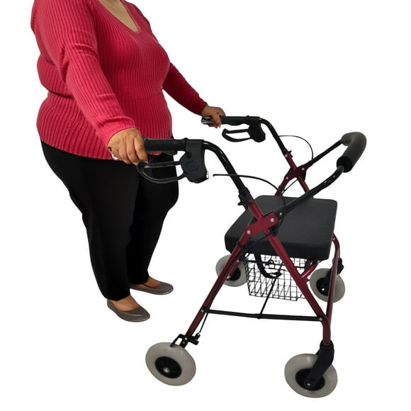 Andadera Rollator Bariátrica para Adultos Mayores | Extra Ancha, Plegable con Silla y Canasta | Soporta 150 Kg, Frenos de Mano, Ligera y Segura | Color Vino, Ruedas 20cm
