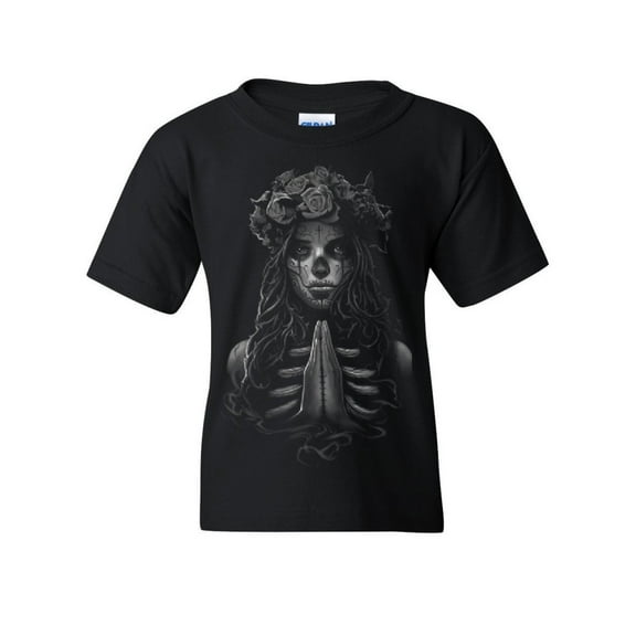 Tee Hunt Pray Girl Youth T-Shirt Calavera Day of The Dead Dia de Los Muertos