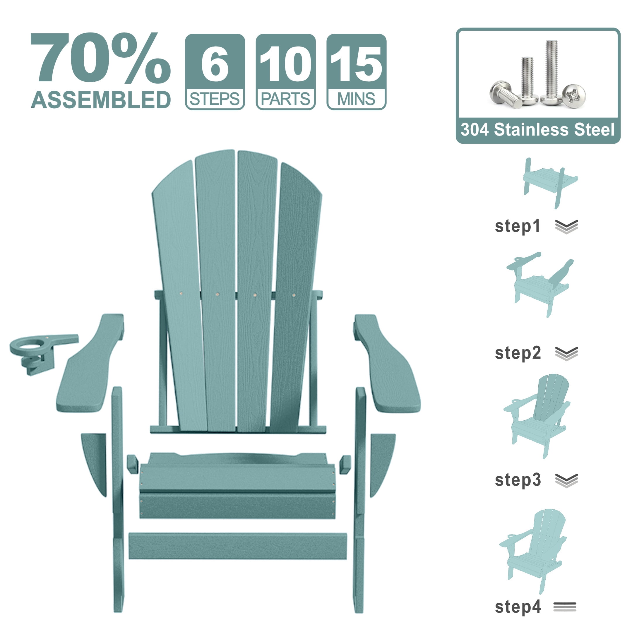Adirondack Chair,HDPE All-Weather Patio Chairs Outdoor with Cup Holder, Lawn Chair with Weather Resistant for Outside Deck Lawn Garden, Weight Capacity Up to 380 Lbs –Aruba Blue