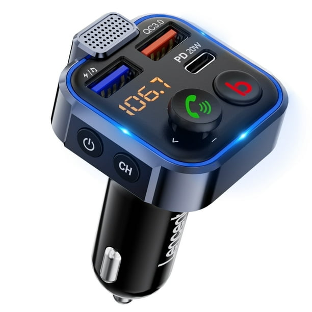 LENCENT Transmisor FM para Coche, Adaptador de Coche Bluetooth Inalámbrico 5.0 con Cargador USB Rápido Tipo C PD 20W+ QC3.0, Receptor de Reproductor de Mp3 para Vehículo
