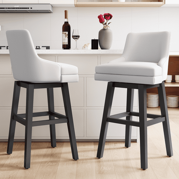 Genpo Bar Stools Set of 2, 26" H Upholstered Barstools with Backs, Swivel Modern Counter Height Bar Stool Chairs for Kitchen Island, Wood Legs, White Fabric Counter Stools