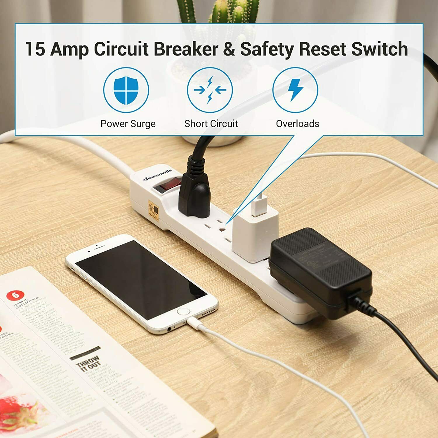 DEWENWILS 6-Outlet Surge Protector, 15 ft, White photo 7