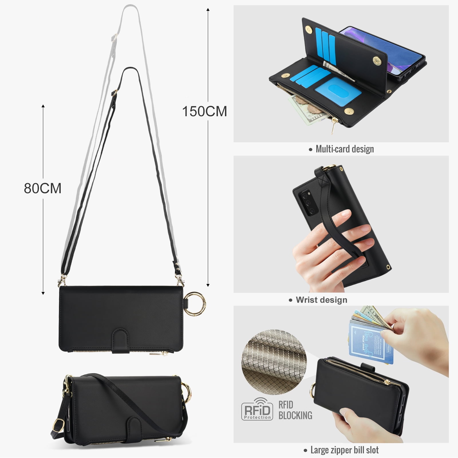 ELEHOLD For Samsung Galaxy Note 20 Phone Case Leather Crossbody Zipper Card Wallet Flip Case Kickstand Cover, with Ring Holder,Full Body Protection-Black