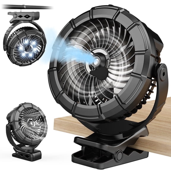 JINLICTE Portable Misting Clip on Fan with 5200mAh Battery, 3 Speeds & LED Light - 360° Rotation Mist Cooling Fan for Stroller, Camping, Outdoor Use - Rechargeable