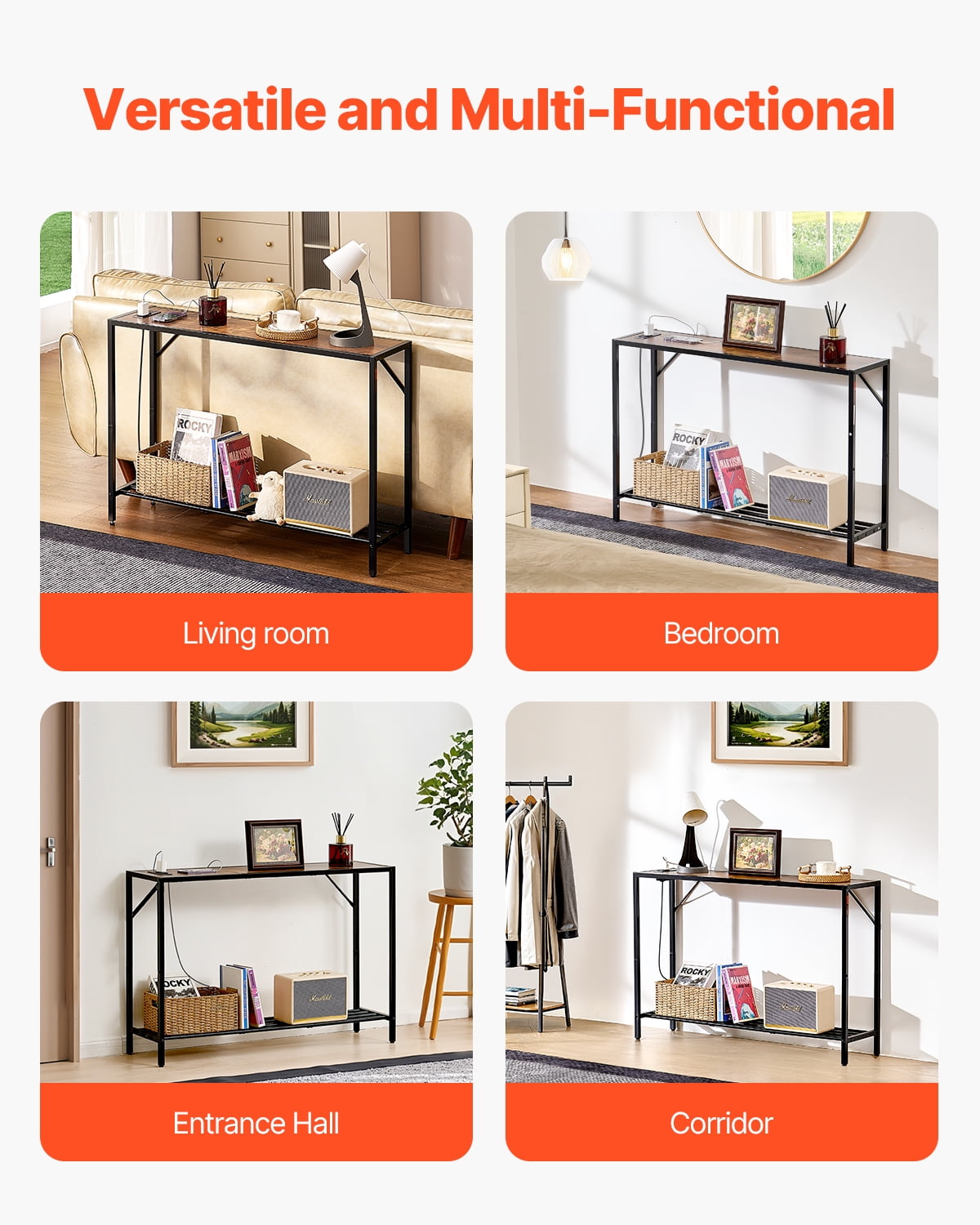 VEVOR Narrow Console Table, 41.7" Behind Couch Table with Power Outlets, 2-Tier Long Entryway Table, Sofa Table with Metal Frame and Charge Station, for Entryway, Hallway, Living Room
