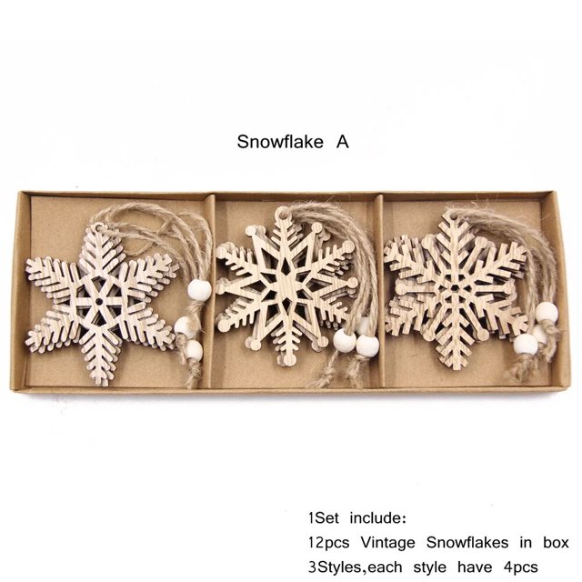 Colgantes de madera de copos de nieve de Navidad para niños, adornos colgantes de árbol de Navidad, decoraciones de árbol de Noel, suministros de regalos de bricolaje, 12 unids/lote por caja