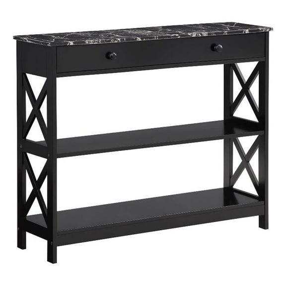 Pemberly Row 1-Drawer Console Table with Shelves in Black Wood & Faux Marble Top