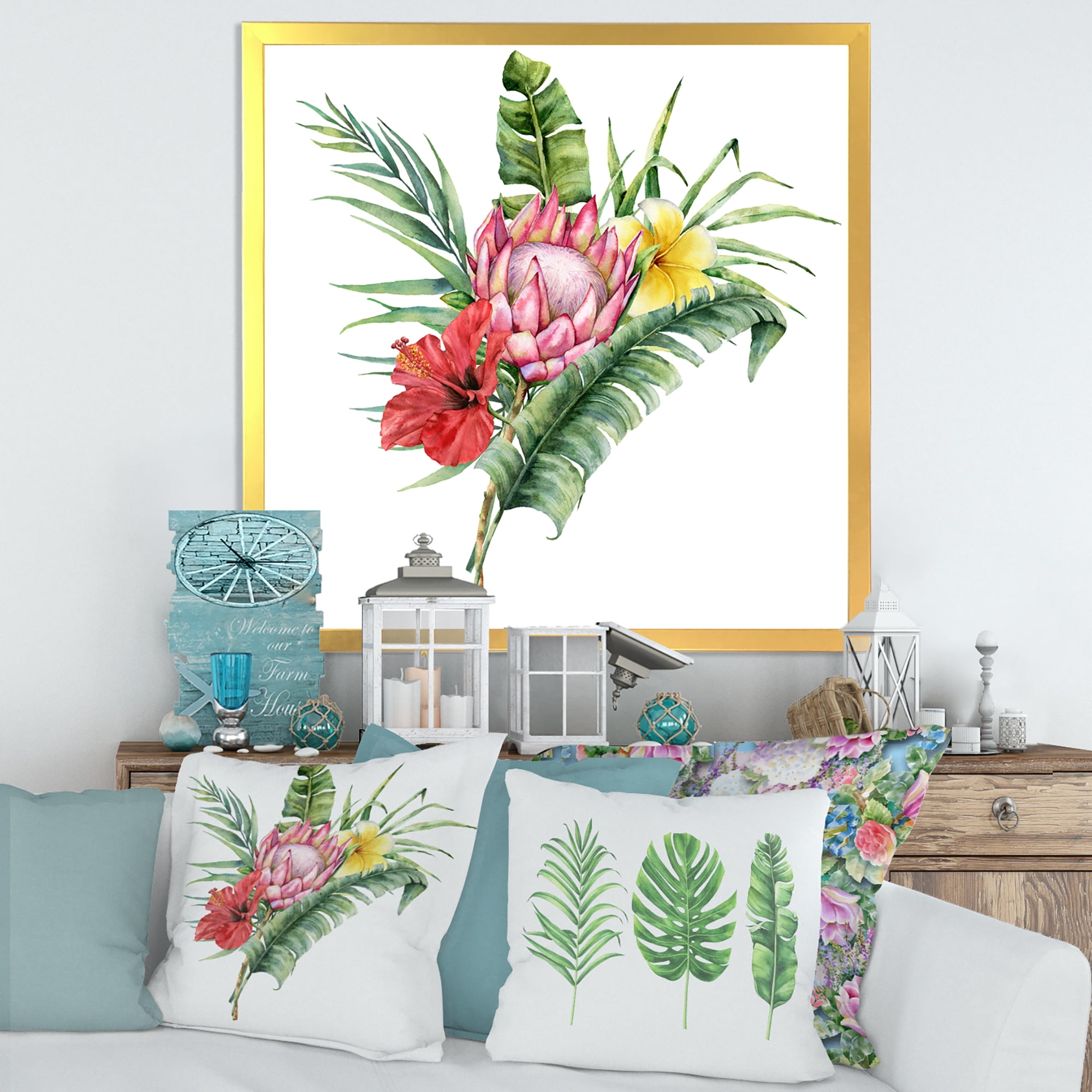 Designart 'Flowers Bouquet With Protea Plumeria Hibiscus' Traditional Framed Art Print