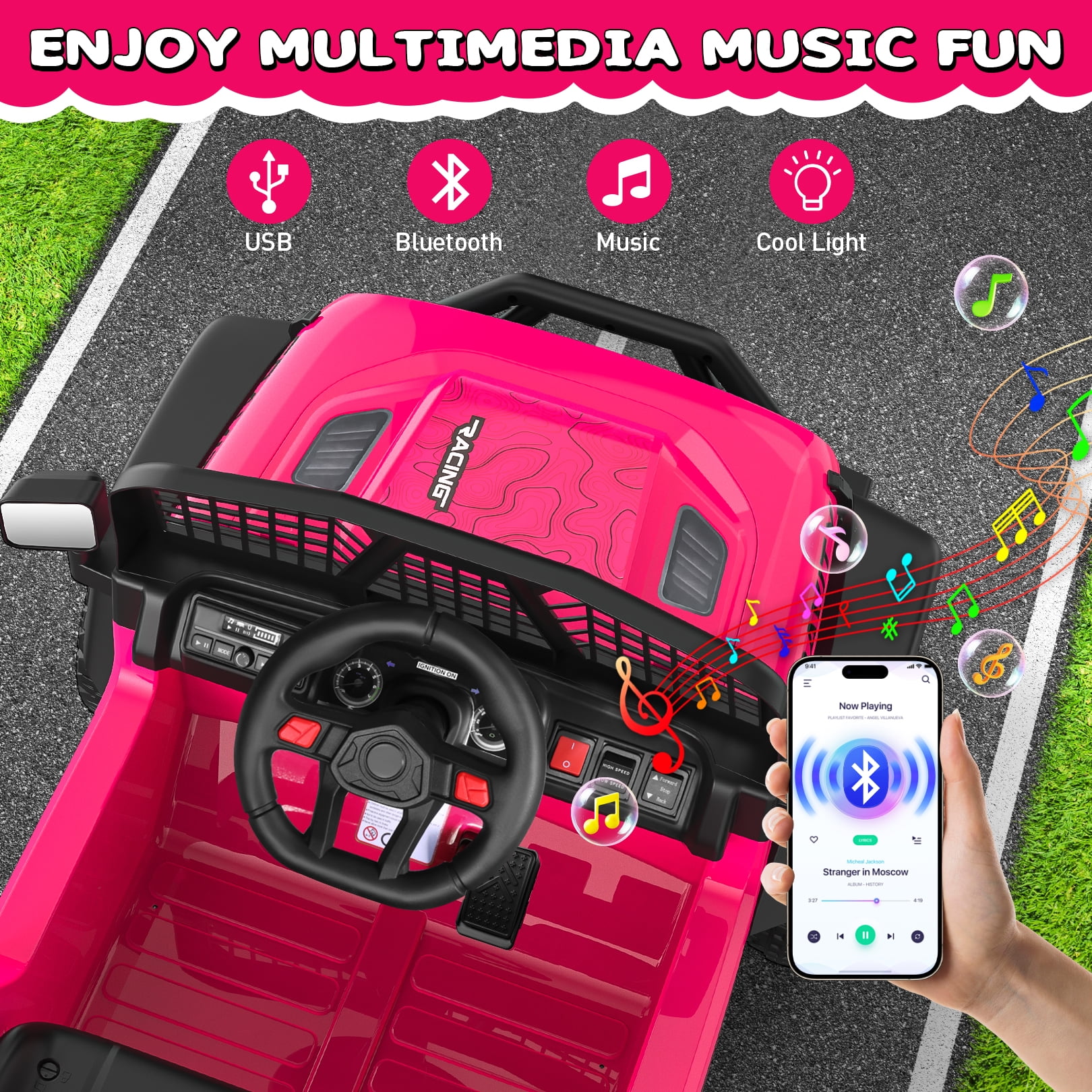 Funcid 24V Ride on Cars Truck with Remote Control, Electric Battery Powered Car with Spring Suspension, Ride on Toys for Kids, Built-in music, Cool LED Light, Bluetooth, USB, Pink