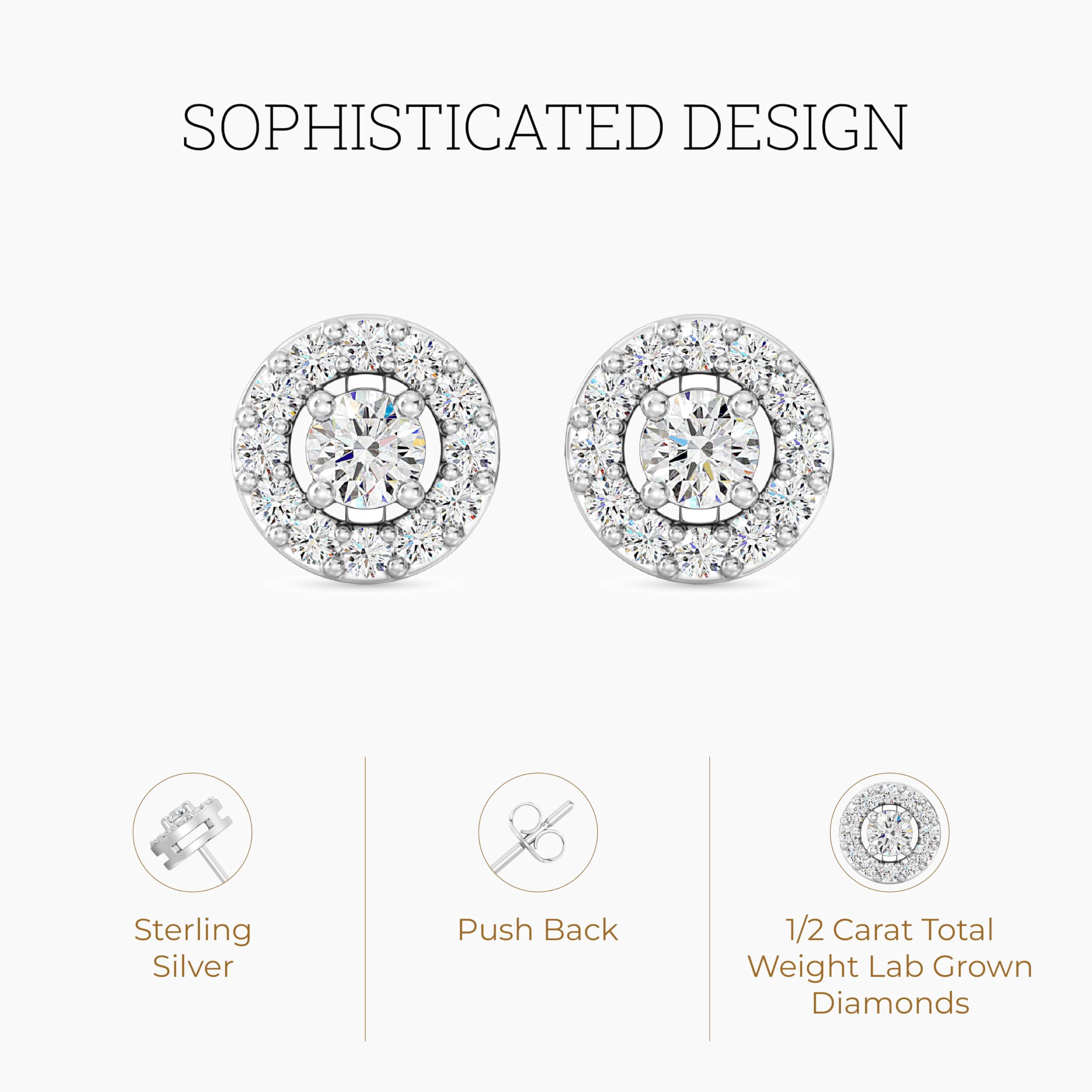 Gilded 1/2 Carat Total Weight Lab-Grown Diamond Stud Earrings for Women | 925 Sterling Silver | Round Halo Shaped | Hypoallergenic Fine Jewelry | Prong Setting, Push Back Nut | SI1 Clarity, F Color