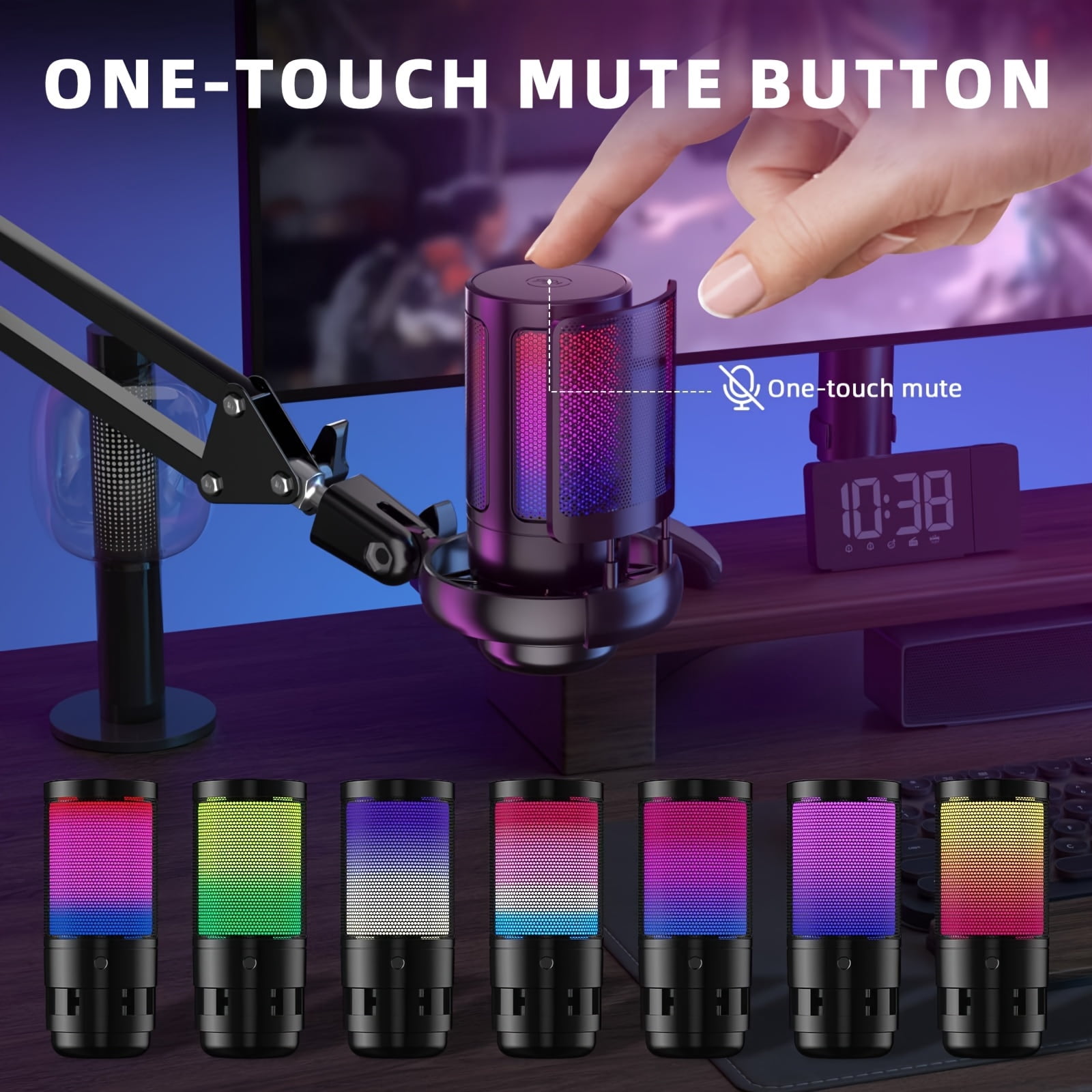 General  USB Microphone Suitable for Streaming, Podcast & Gaming - Pop Filter, Diaphragm Condenser Mic with Boom Arm, Volume/Gain Control & RGB - Compatible for PS4/, Mac, PC, Phone (PC Gaming Mic)