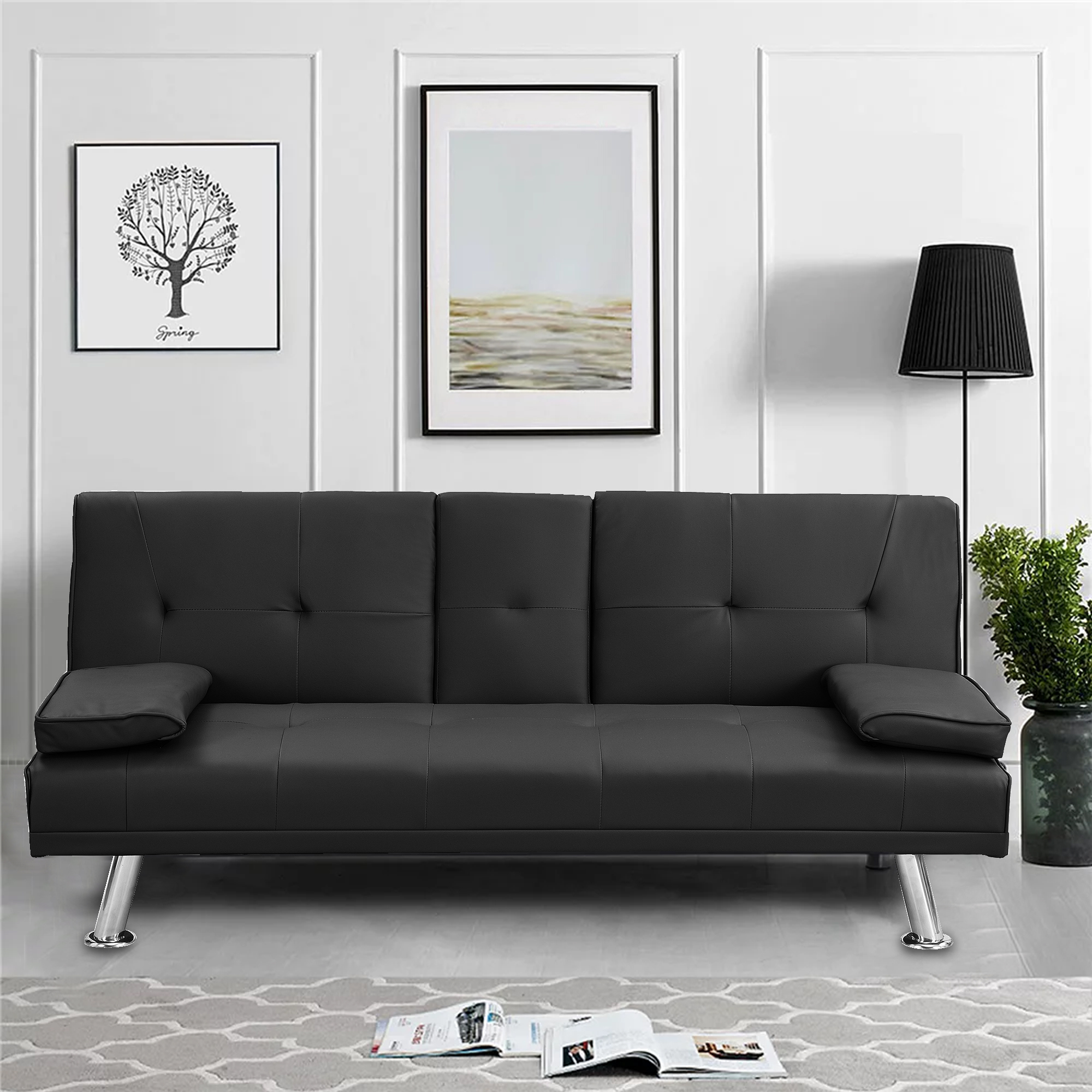 66" Faux Leather Futon Sofa Bed, Upholstered Couch Sofa Bed, Folding