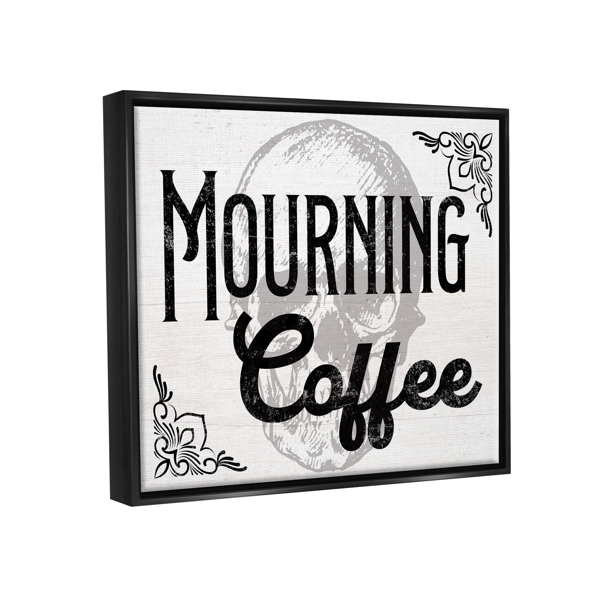 Stupell Industries Mourning Coffee Skull Holiday Painting Black Floater Framed Canvas Art Print Wall Art, 21 x 17
