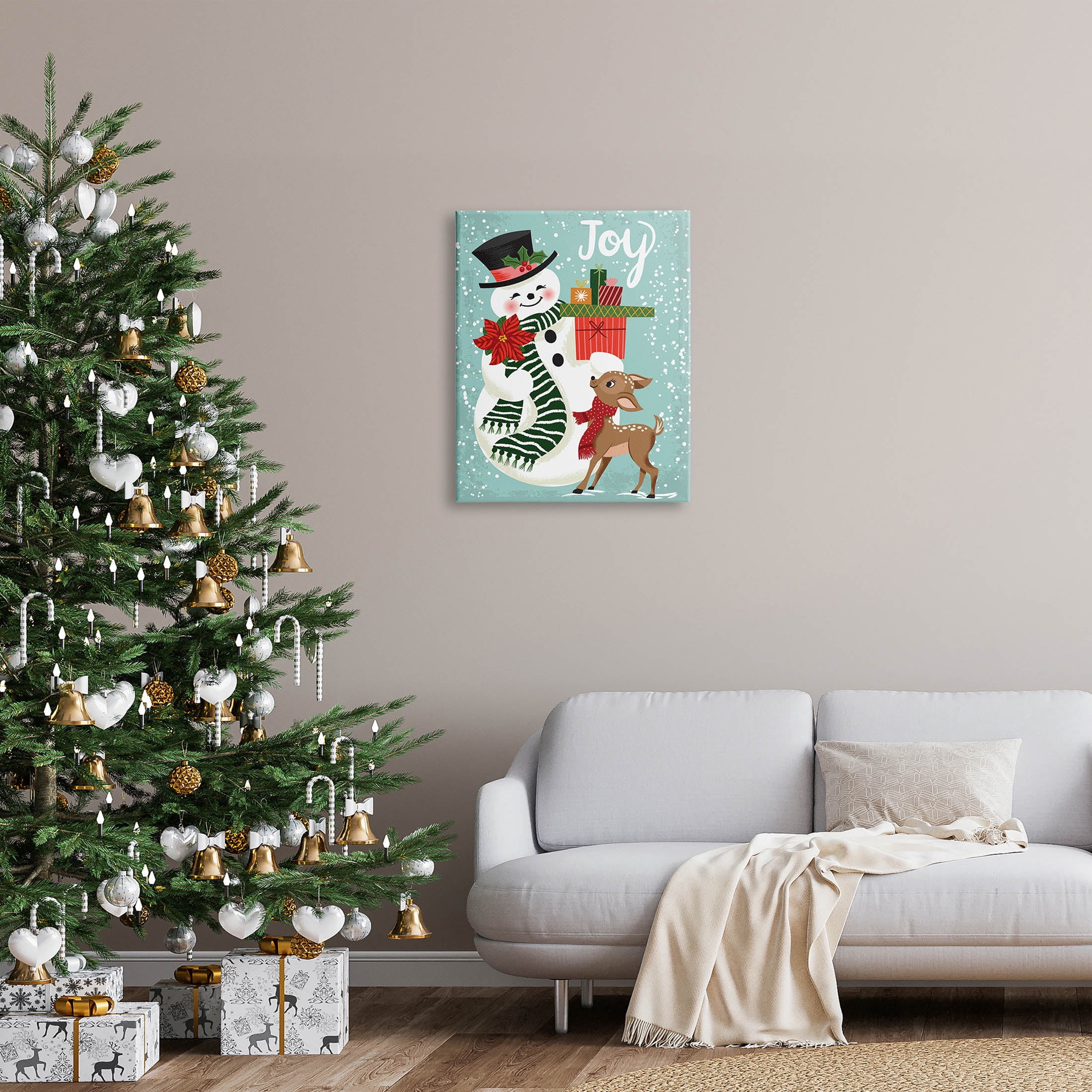 Joy Smiling Snowman Holiday Deer Holiday Graphic Art Gallery Wrapped Canvas Print Wall Art