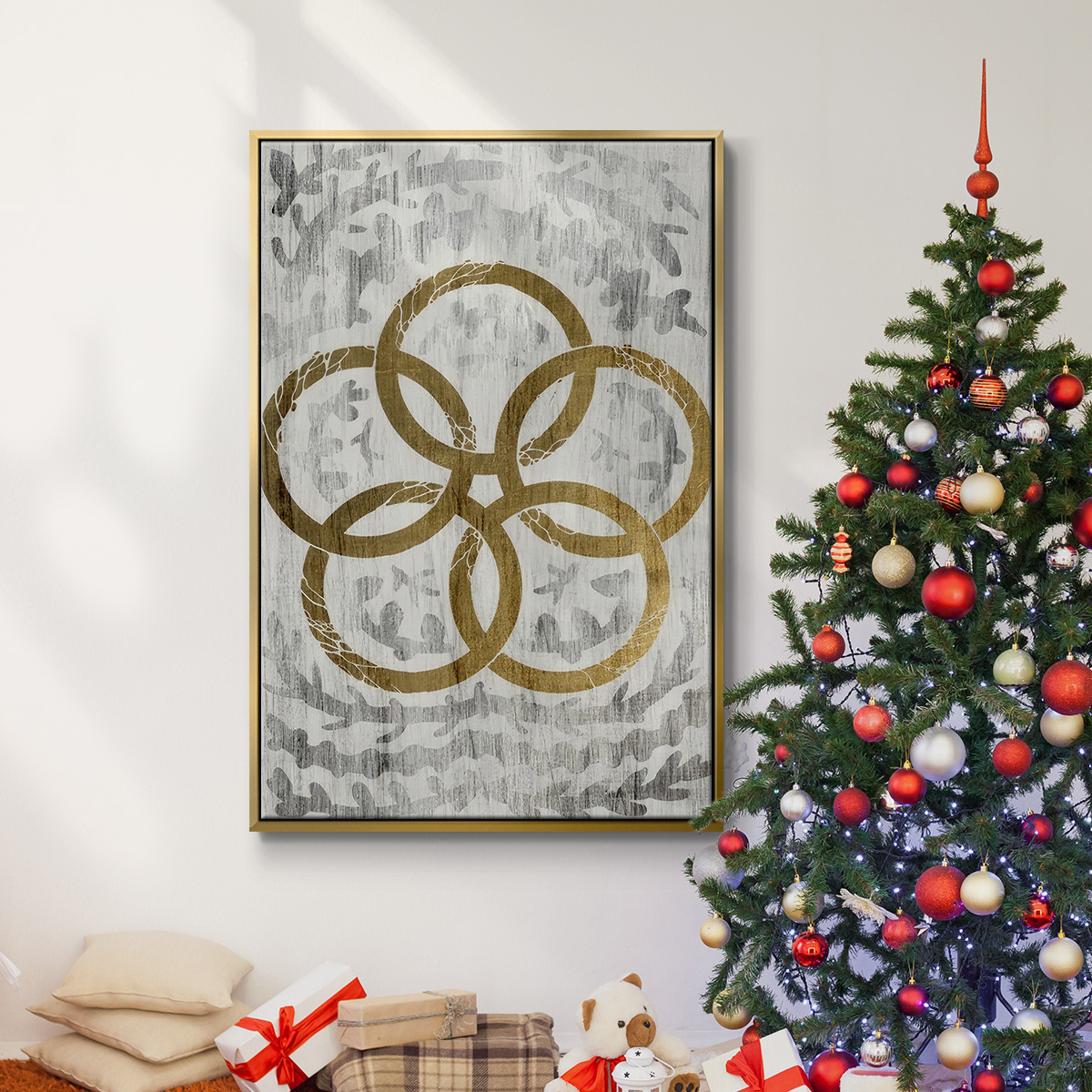 Five Golden Rings - Gold Leaf Holiday - Framed Gallery Wrapped Holiday Canvas - 27 x 41 - Gold Frame