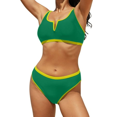 Women s High Waisted Bikini Sets Sporty Two Piece Swimsuits Color Block Cheeky High Cut Bathing Suits Women s Swimsuit V Neck Swimsuit High Waist Swimsuit Color Block Two Piece Swimsuit Green L