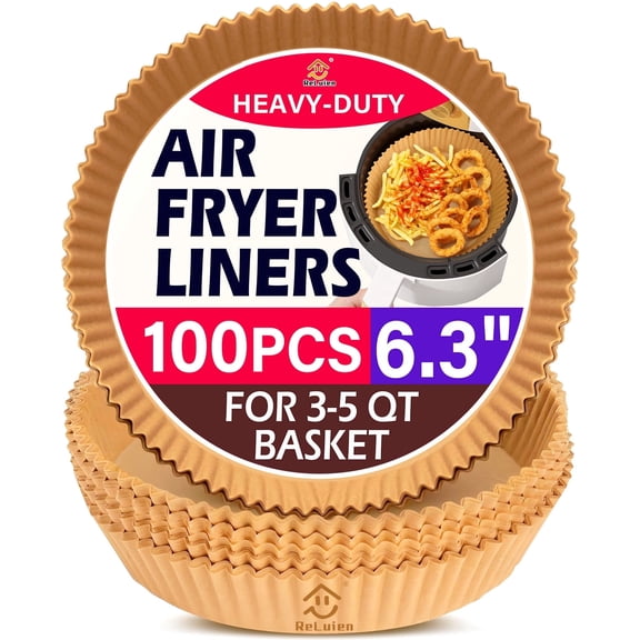 Reluien Air Fryer Liners 100 Pcs, 6.3 inch Non-Stick Oil Resistant Parchment Paper, Disposable Round Airfryer Liner for 3-5QT Air Fryer, Baking
