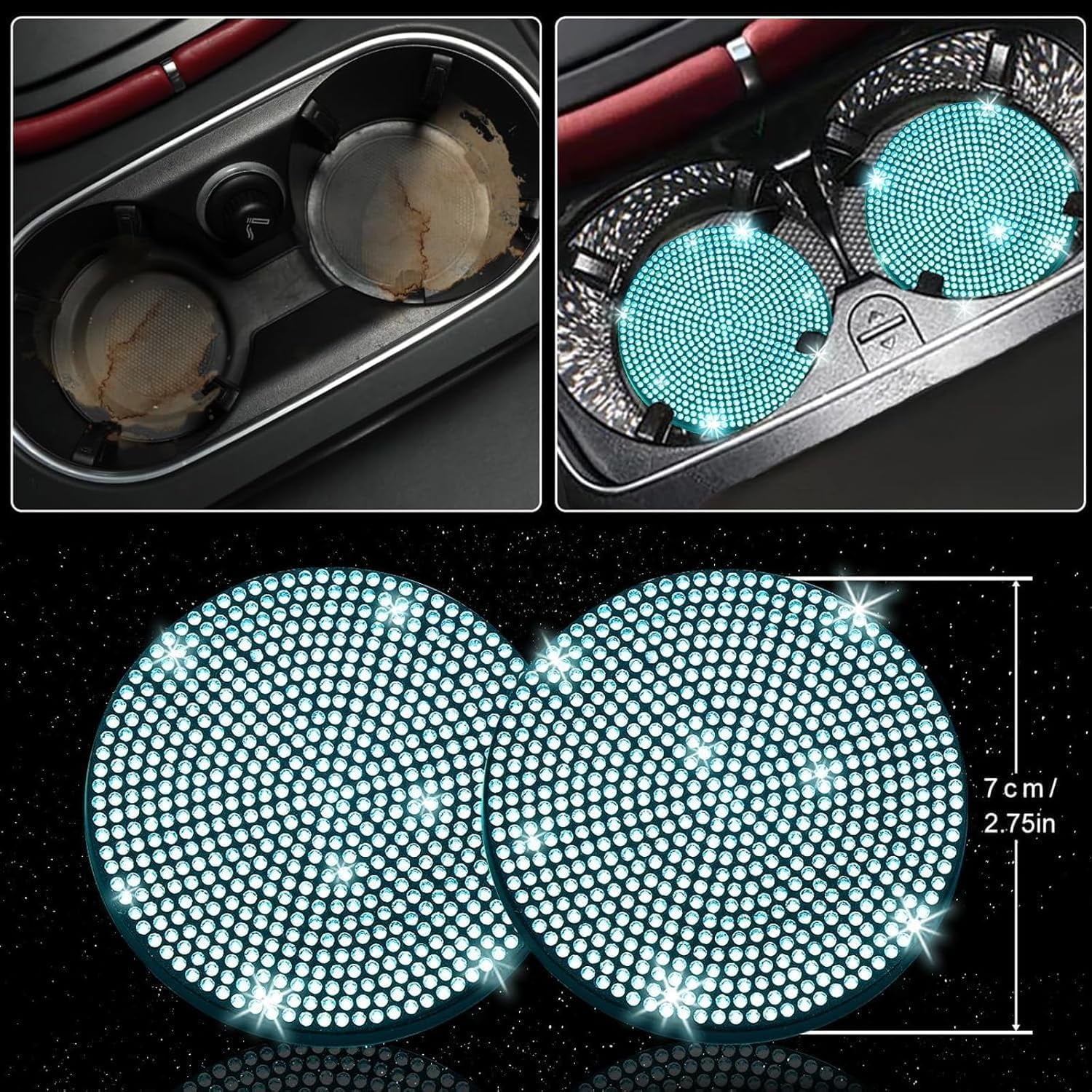 27 PCs Aquamrine Bling Car Accessories Set for Women, Steering Wheel Covers Universal Fit 15 Inch, Bling License Plate Frame, Bling Phone Holder, Bling Car Coasters (Aquamrine Diamond)
