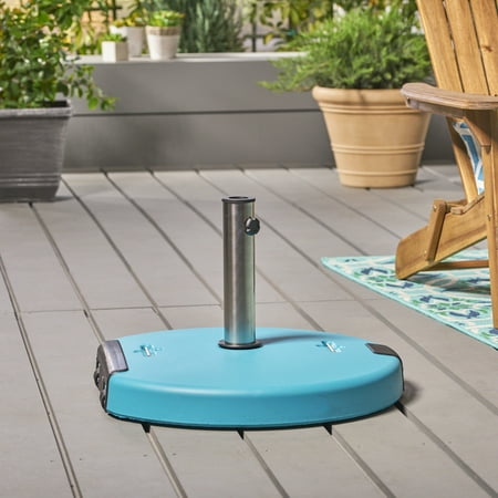 Circular Base - Outdoor 132lb Concrete Circular Umbrella Base with Stainless Steel Collar, Teal