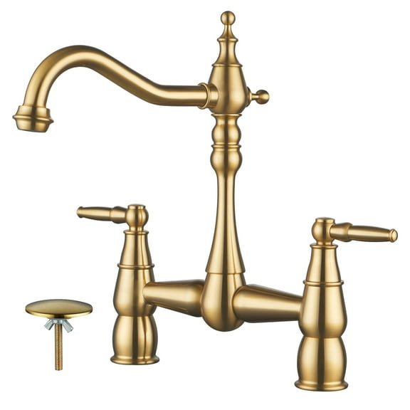 Wowow Brass Bridge Centerset Kitchen Faucet for Sink, 2 Handle 2 Hole 360 Degree Swivel Faucets for Vintage Farmhouse, Gold