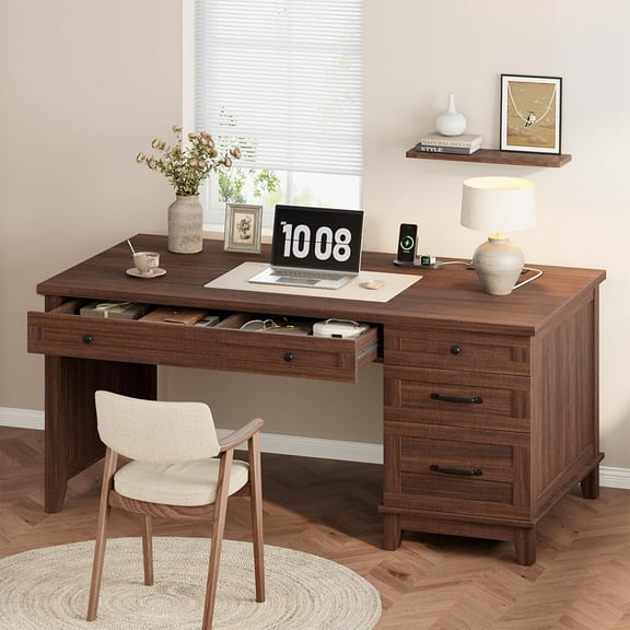 53.5" Executive Desk with Power Outlet, Home Office Desk with Drawers, Wooden Work Desk with File Cabinet, 3.54" Wooden Computer Desk with File Cabinet Storage for Work, Study, Writing