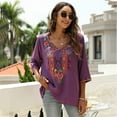 thumbnail image 4 of Women's Summer Boho Embroidery Mexican Bohemian Tops V Neck 3/4 Sleeve Causal Loose Shirt Blouse Tunic, 4 of 7