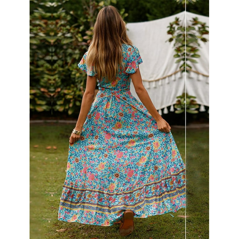SHIBEVER Casual Wrap Dress for Women Summer Bohemian Floral V Neck Short  Sleeve High Split Maxi Dress - Walmart.com