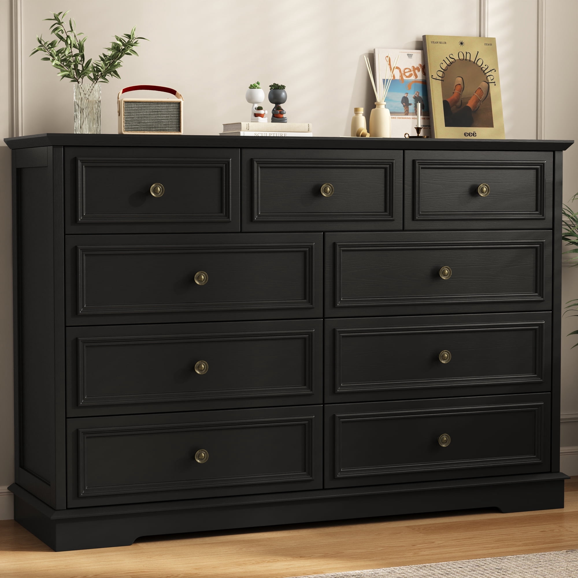 IDEALSOUL Black Dresser, 9 Drawer Dresser with Round Metal Handle, 47.2" Retro Wood Storage Cabinet with 6 large drawer and 2 Small drawer for Living Room, Bedroom, Hallway