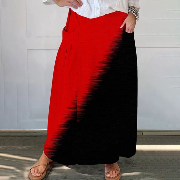 Maoxin Women's Skirts Women's Printed Elastic Waistband Pleated Pocket Skirt With Mid Calf Skirt ,Red,L