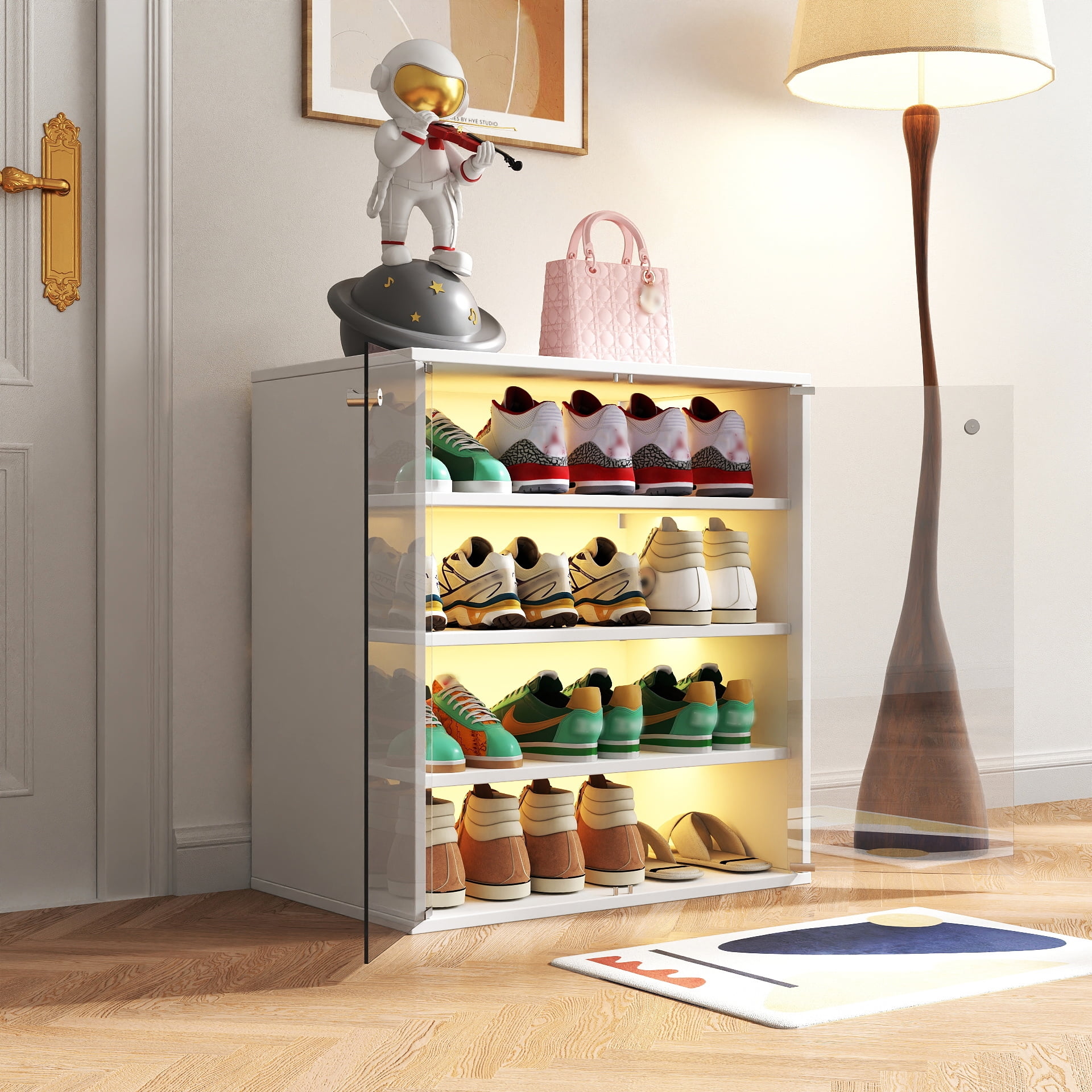 Mintazer 4 Tier Modern Shoe Storage Cabinet with LED Lights & Glass Door, Stackable Shoe Storage Box for Entryway, White