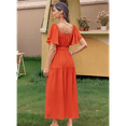thumbnail image 4 of Women'S Summer Short Sleeve Square Neck Smocked Waist Casual Vacation Tiered Flowy Maxi Dress Orange and Red L, 4 of 6