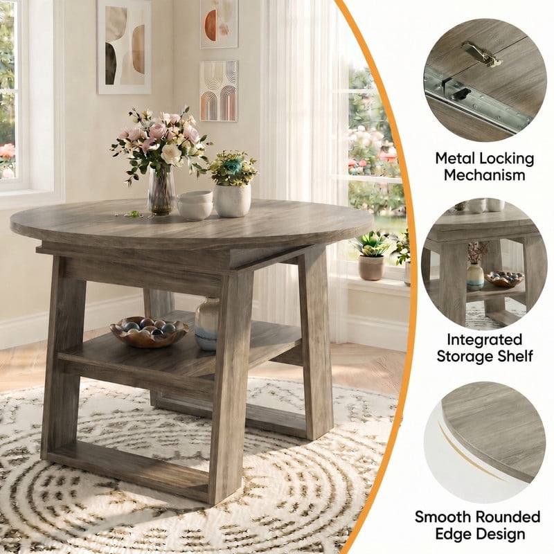 43"-59" Extendable Round-to-Oval Dining Table for 4-6 with Flip-Up Leaf, Kitchen Accent Dinner Table with Storage Shelf