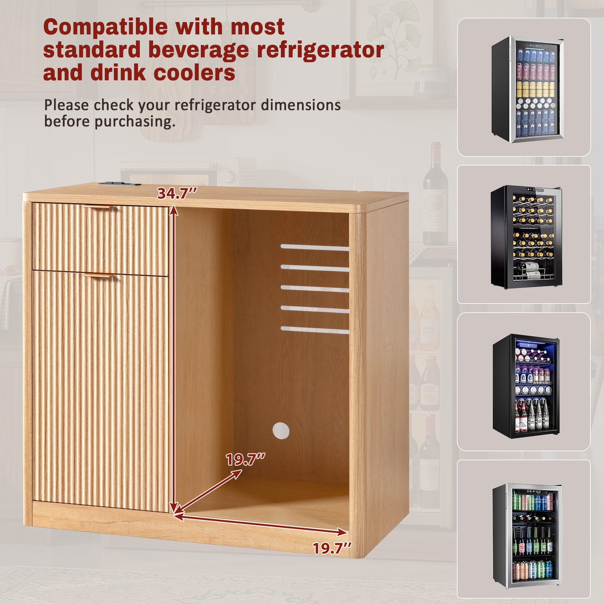 Mintazer 39" Modern Fluted Coffee Bar Cabinet with Fridge Space & Charging Station, Sideboard Beverage Station with Wine Glass Rack & Adjustable Shelves for Dining Room Living Room Apartment, Natural