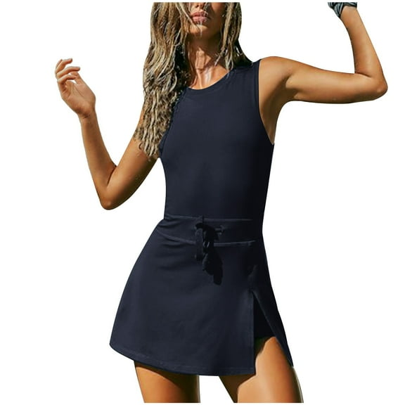 Lovskoo Women's Summer 2024 Workout Romper Tennis Dress Built In Shorts Onesie Open Back Jumpsuits Athletic Dresses Skort Navy S