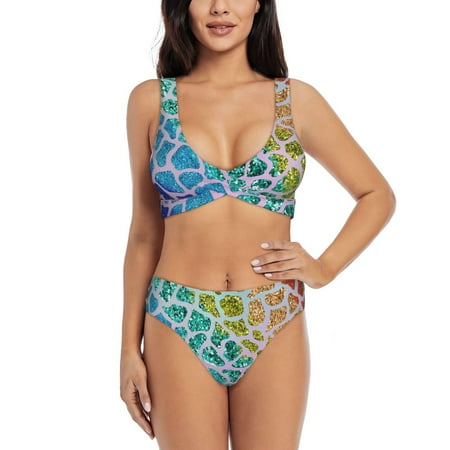 Zeuib Rainbow Glitter High Waisted Tummy Control Bikini Set - Knot Front Push Up Top & Cheeky Thong Bottom  Two-Piece Swimsuit for Women-Medium