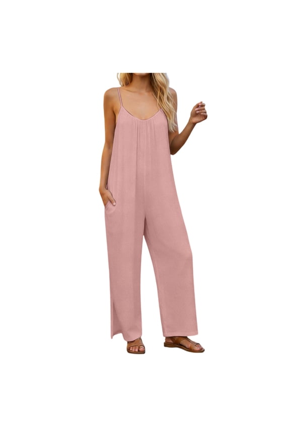 Jumpsuits for Women Spaghetti Strap Scoop Neck Lounge Summer Outfits Wide Leg Sleeveless Loose Fit Flowy Casual Rompers with Pockets Pink XL