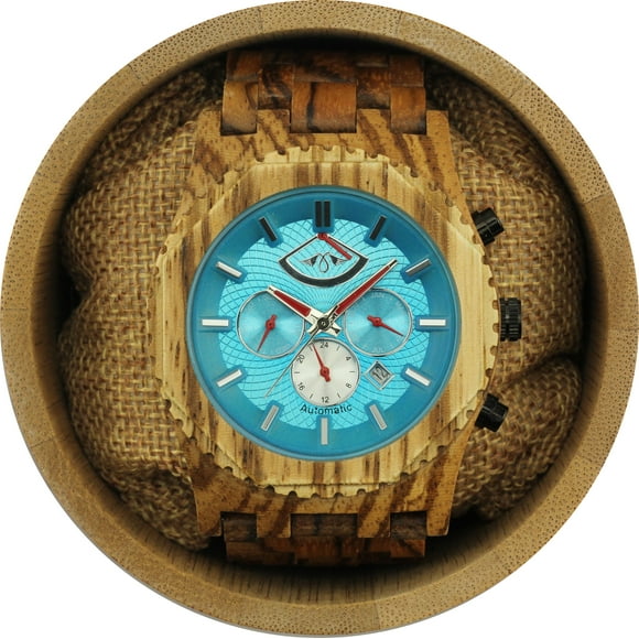 Angie Wood Creations Zebrawood Men’s Automatic Watch With Aqua Dial