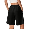 thumbnail image 5 of Womens Elastic Waist Drawstring High Waisted Bermuda Shorts Front Pockets Loose Fit Knee Length Wide Leg Capris Summer Casual Vacation Lounge Wear Bottoms , #01 Black, L, 5 of 7