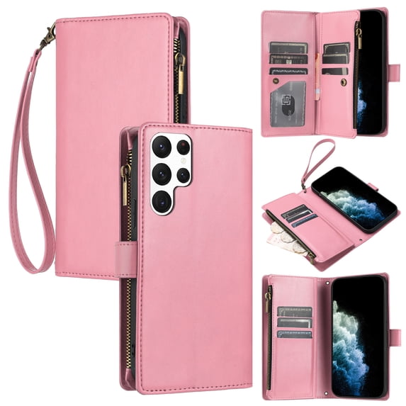 SaniMore Wallet Case for Samsung Galaxy S22 Ultra, RFID Blocking PU Leather Zipper Handbag Purse Flip Cover, Kickstand Folio Case with Card Slot Wrist Strap Lanyard for Samsung S22 Ultra, Pink