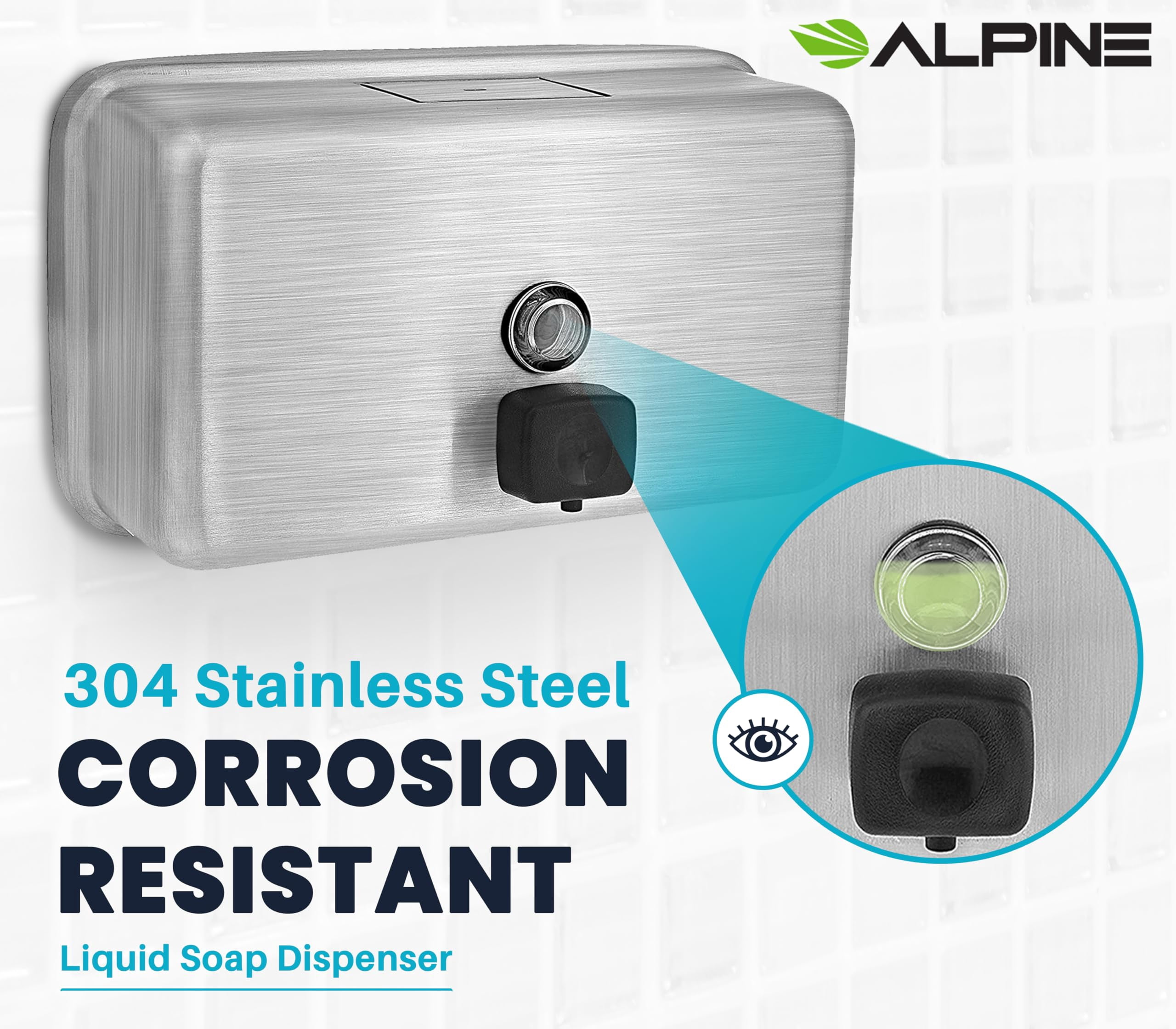 Alpine Stainless Steel Soap Dispenser Wall Mount - Commercial Liquid Soap Dispenser Perfect for Bathroom, Kitchen, Refillable 1200 ml ADA Compliant (Horizontal)
