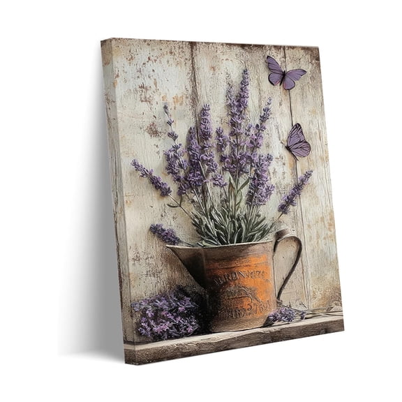 Framed Vintage Lavender Flower Canvas Wall Art Modern Farmhouse Purple Butterflies Prints Countryside Floral Artwork for Living Room Bedroom Bathroom Kitchen Decor