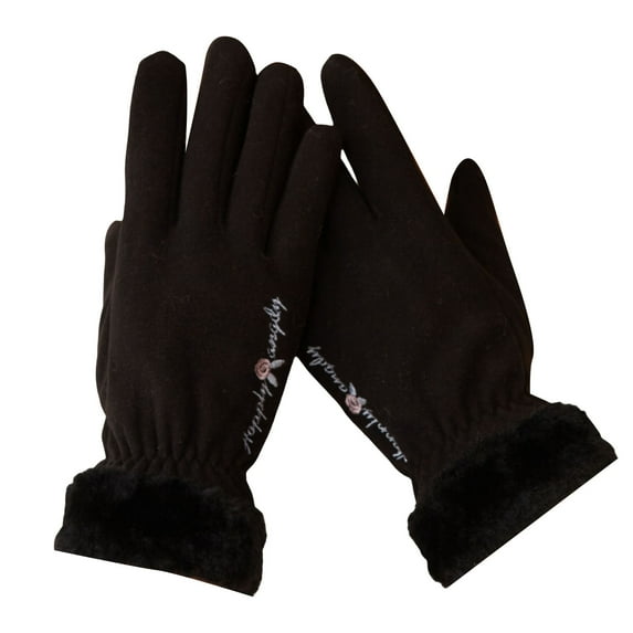 UDIYO 1 Pair Cycling Gloves Full Finger Plush Wrist Touchscreen Thickened Letter Embroidery Hands Protection Solid Color Autumn Winter Women Motorcycle Riding Gloves for Outdoor