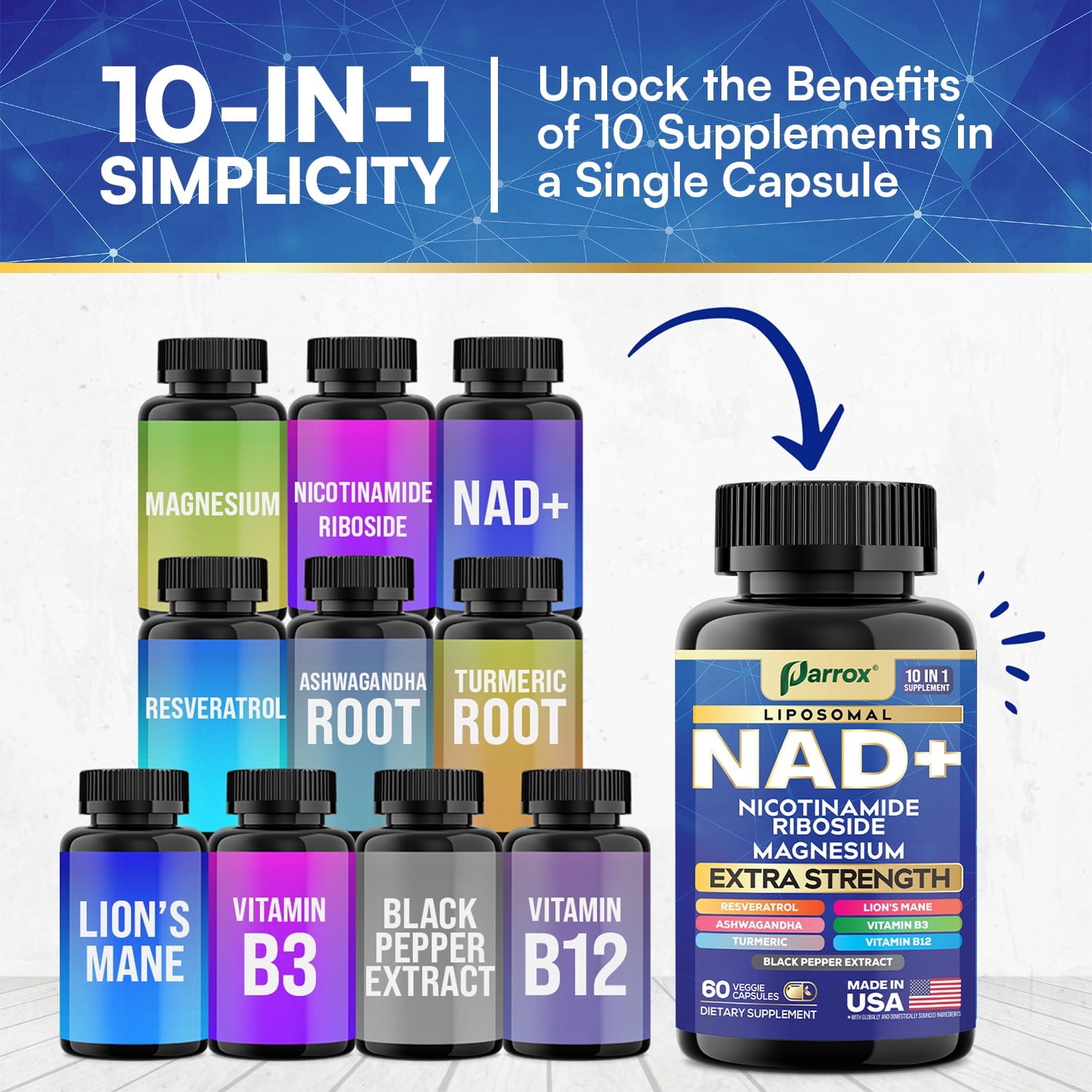 Parrox NAD+ Supplement with Vitamin B3 & B12, Magnesium, Resveratrol, Niacinamide, Turmeric, Ashwagandha, Lion’s Mane, Black Pepper Extract, Liposomal NAD, 10-in-1 Extra Strength (3 Pack)