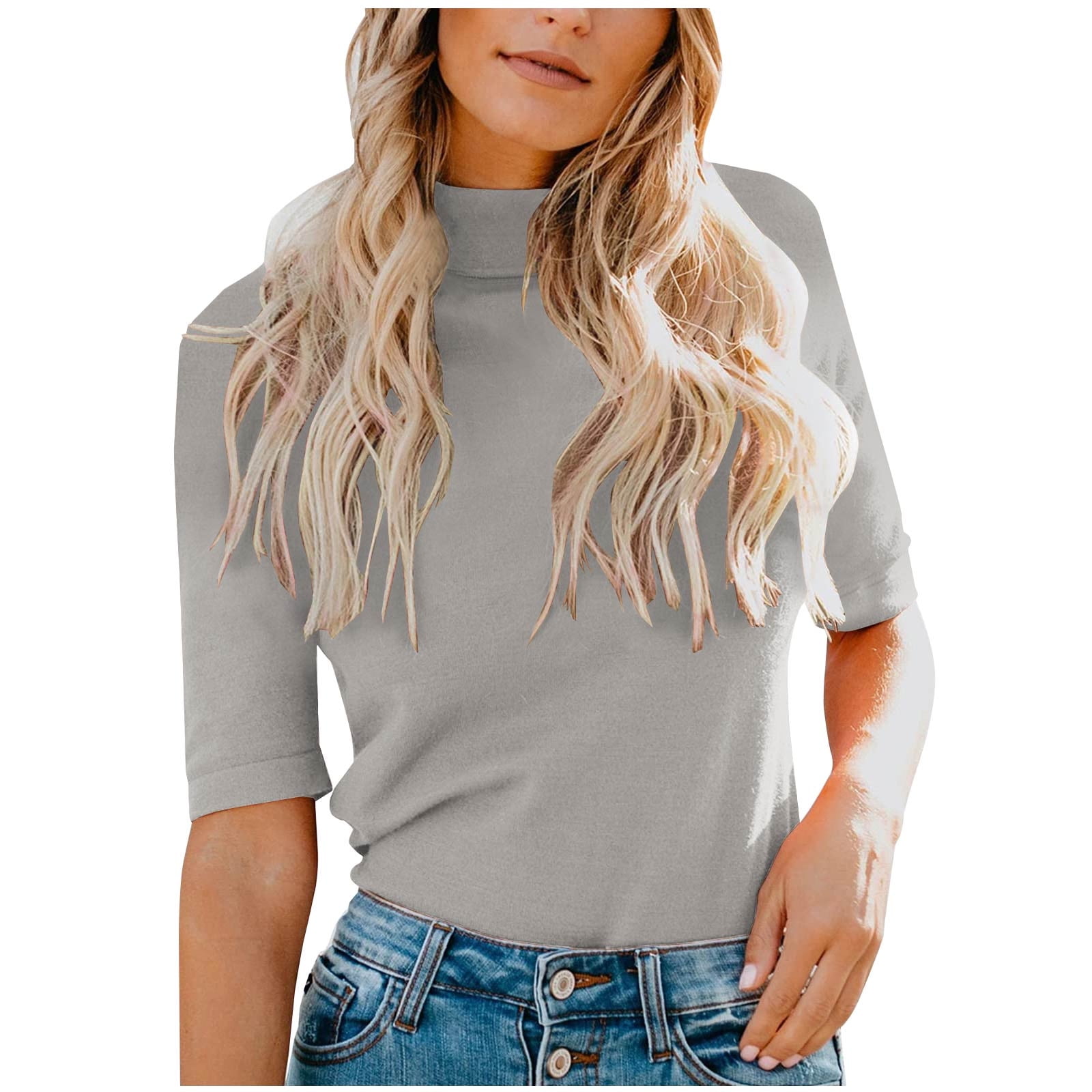 RQYYD Womens Short Sleeve Mock Turtleneck Tunic Tops Dressy Casual ...