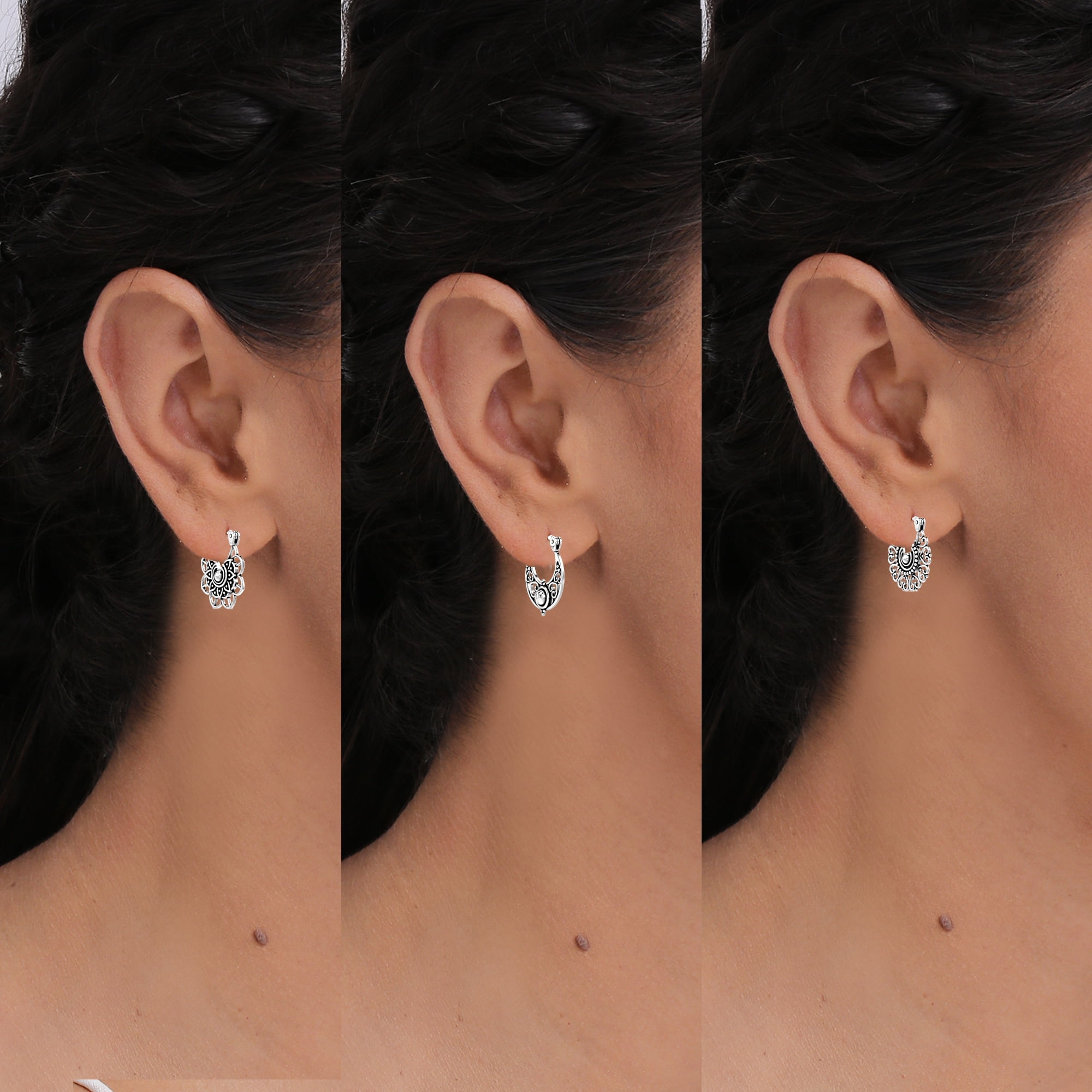 LeCalla 925 Sterling Silver Hypoallergenic SMALL Click-Top Filigree Hoop Earrings Jewelry for Female and Teen Set of 3 Pair (15MM, 15MM, 15MM)